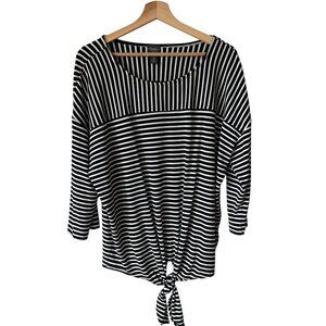 Chico's Sz 3=XL Travelers Black Striped Tie-Waist 3/4 Sleeve Top Slinky Comfort